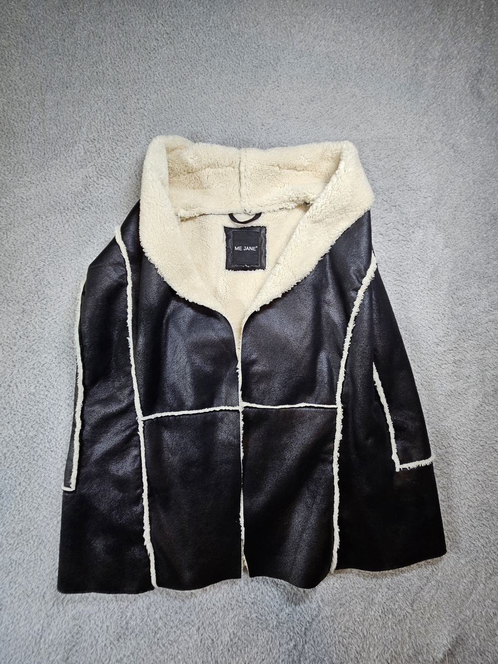 Me Jane Black Faux Shearling Coat with Cream Trim